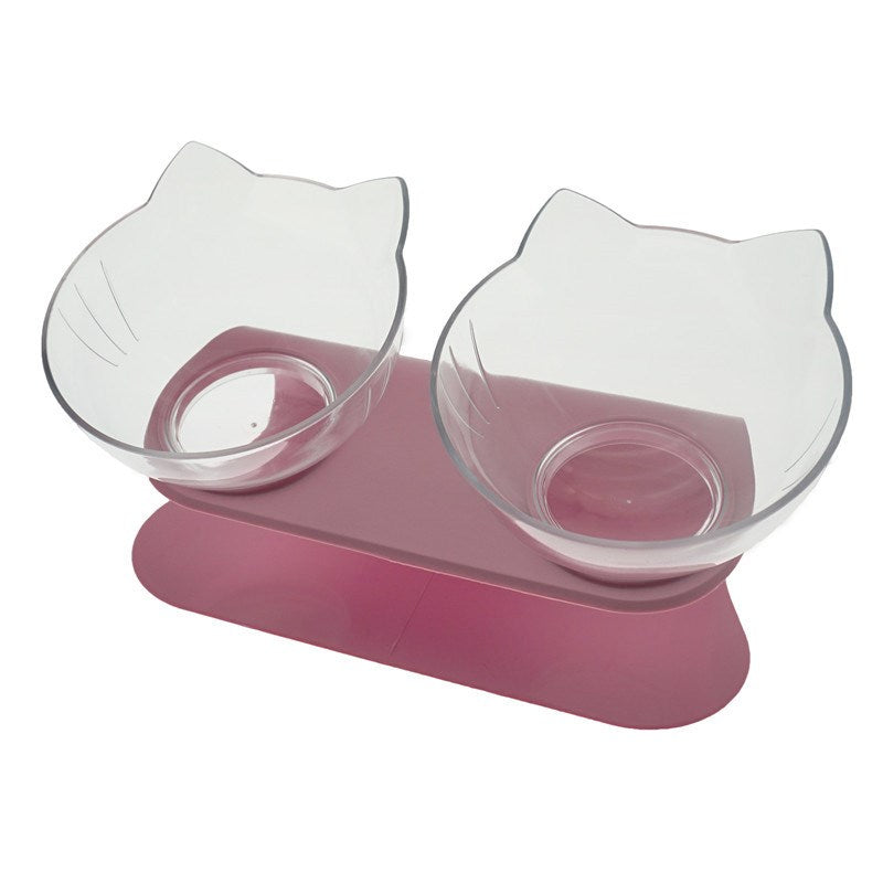 style: Two clear pink - Cat Double Bowl Cat Food Bowl Protects Cervical Vertebra