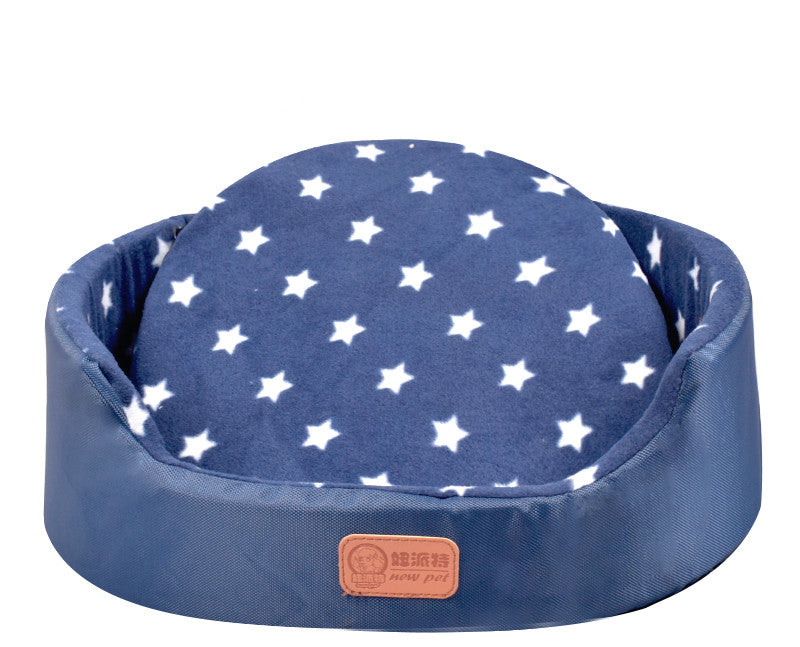 style: Navy Blue White Star, Size: M - Four Seasons Universal Washable Teddy Kennel Small Dog And Cat Kennel Medium Dog Bed Pet Bed Dog Pad