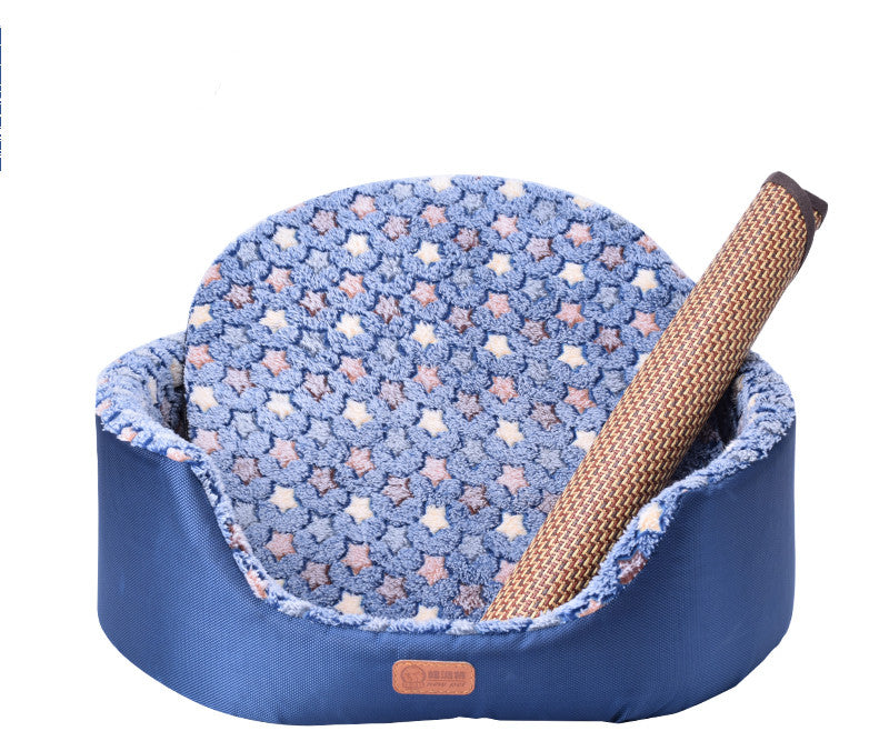 style: Navy blue and summer mat, Size: S - Four Seasons Universal Washable Teddy Kennel Small Dog And Cat Kennel Medium Dog Bed Pet Bed Dog Pad