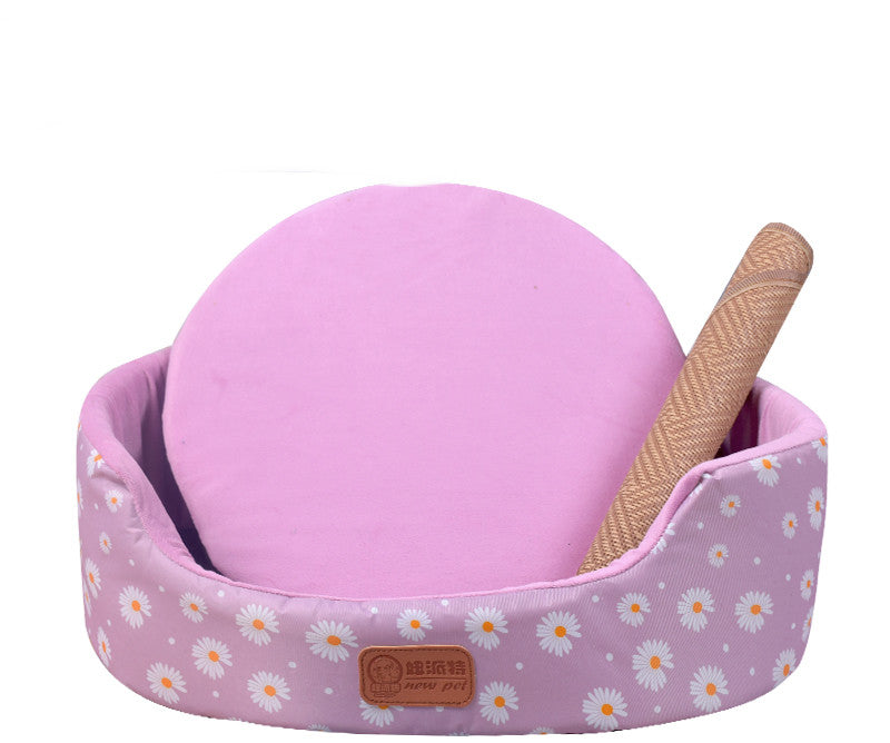 style: Purple daisies and mat, Size: M - Four Seasons Universal Washable Teddy Kennel Small Dog And Cat Kennel Medium Dog Bed Pet Bed Dog Pad