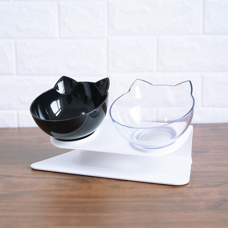 style: Double black white - Cat Double Bowl Cat Food Bowl Protects Cervical Vertebra