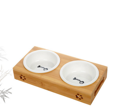 Style: 2ceramics, Size: L - The pet dog bowl bowl bowl bowl three bowl of single double bamboo ceramic bowl hutchdog pet dog bowl stainless steel table