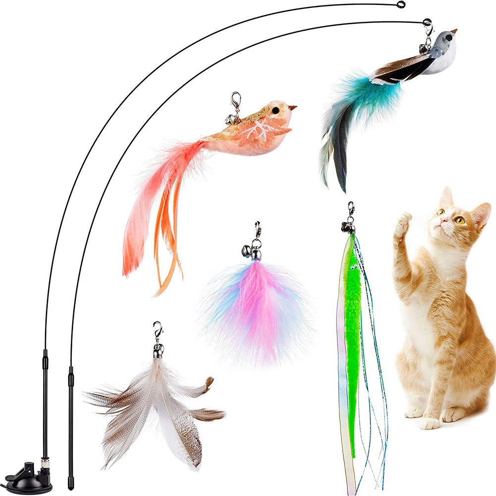 Cat Teaser Stick Set With Suction Cup Bells Feathers Tassels Cat Wand Toy Pet Supplies For Relieves Boredom 2 birds & 3 feathers