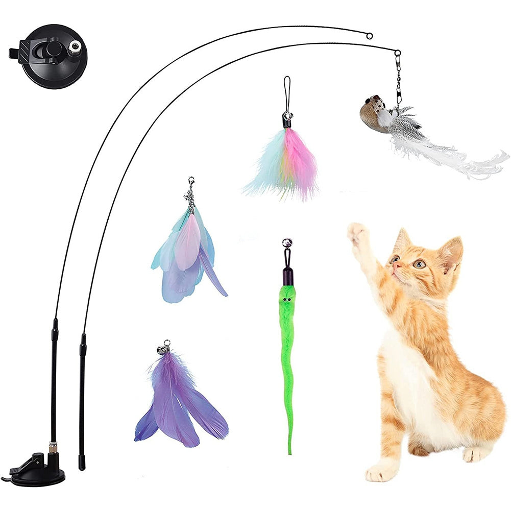 Cat Teaser Stick Set With Suction Cup Bells Feathers Tassels Cat Wand Toy Pet Supplies For Relieves Boredom 2 birds & 3 feathers