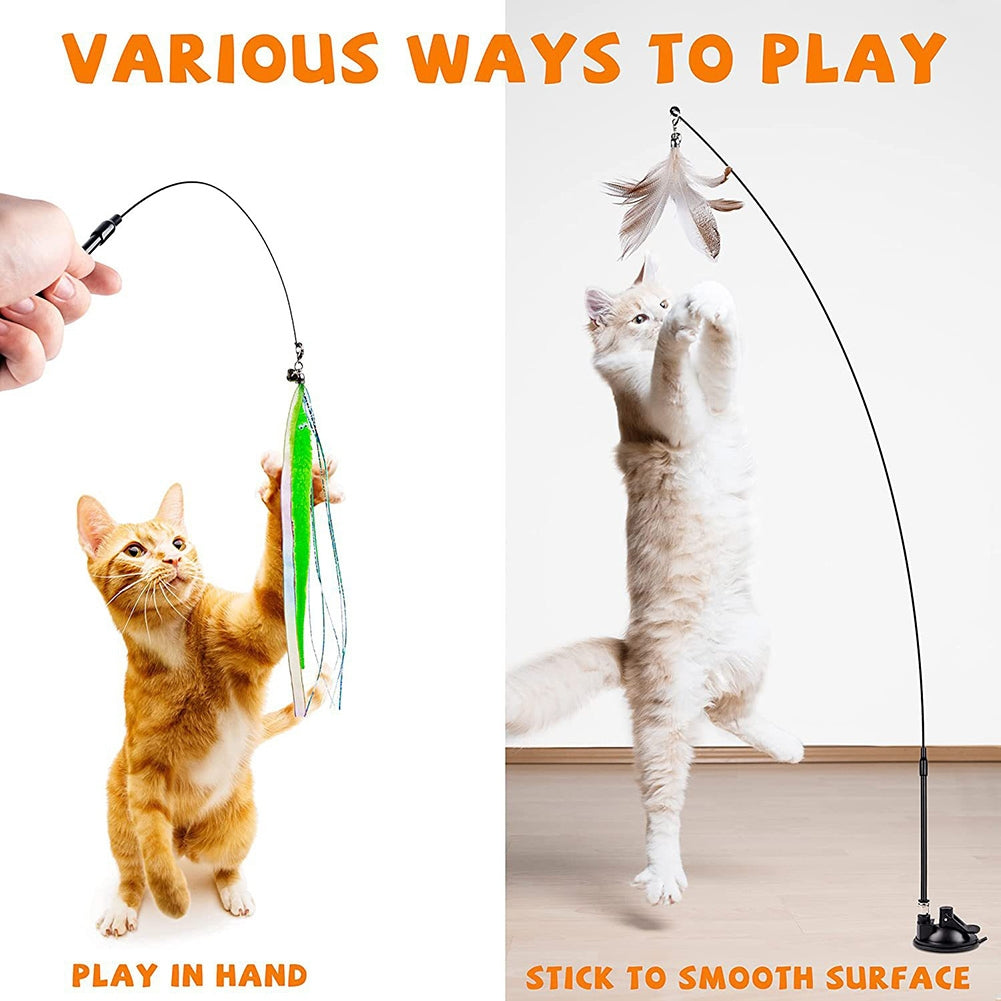 Cat Teaser Stick Set With Suction Cup Bells Feathers Tassels Cat Wand Toy Pet Supplies For Relieves Boredom 1 bird & 4 feathers