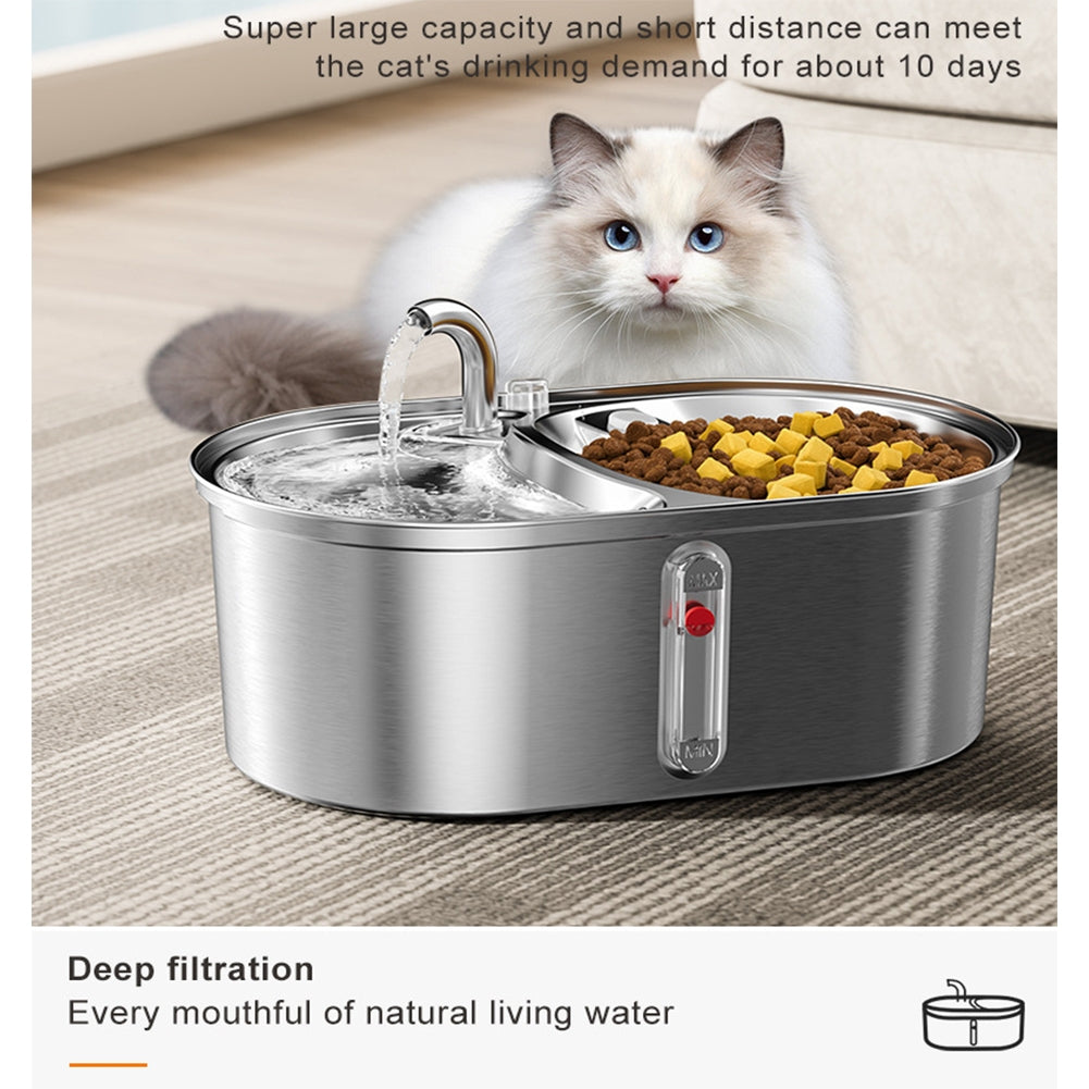 Pet Water Dispenser Drinking Fountain 3L Stainless Steel Double Bowl Feeding Water Feeder Silver US Plug