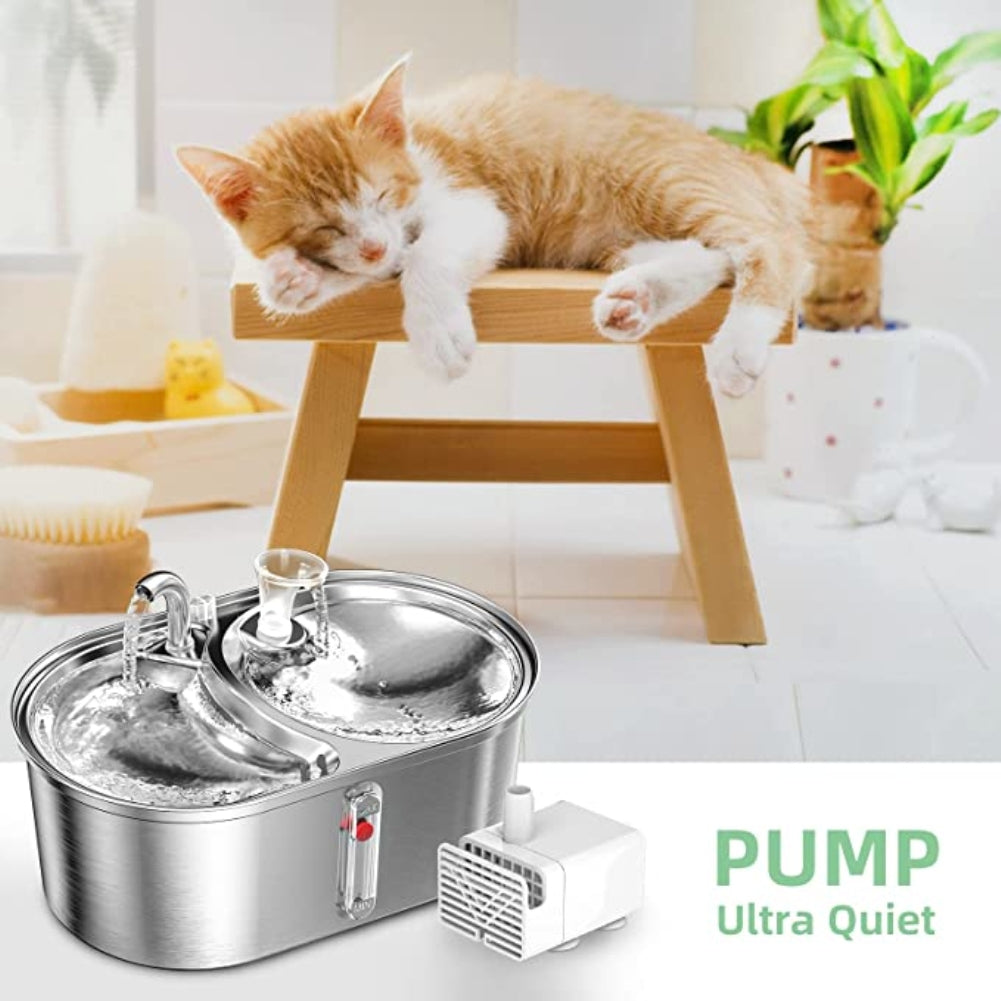 Pet Water Dispenser Drinking Fountain 3L Stainless Steel Double Bowl Feeding Water Feeder Silver US Plug