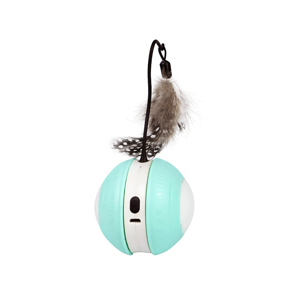 Pet Cat Automatic Moving Ball Toys With Feathers Accessories Usb Rechargeable Luminous Sounding Ball For Indoor Cats green white green hard shell The product diameter is 7.5 and the height of the cat teasing stick is 9cm