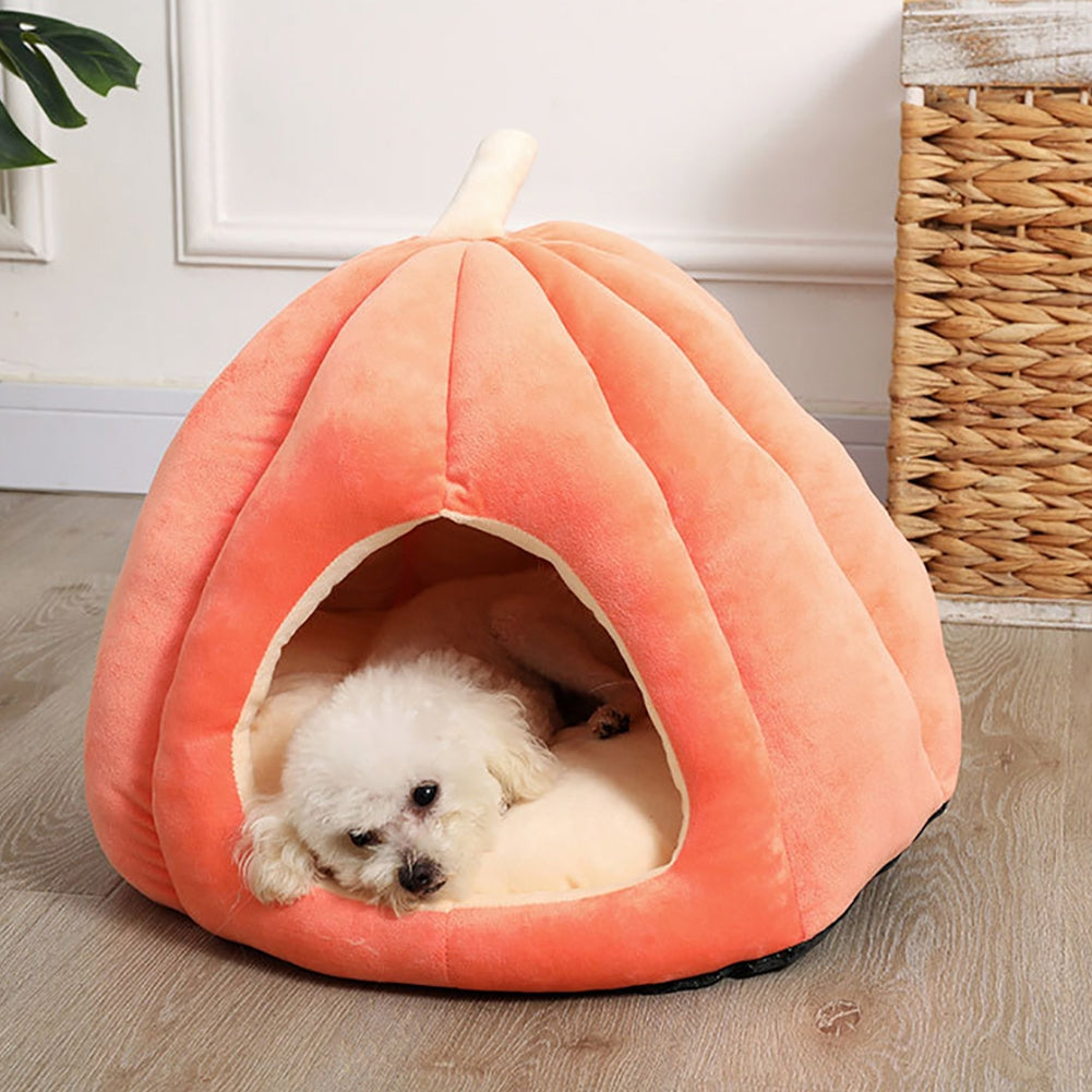 Pet Warm Sleeping Nest Melon Shape Soft Plush Cozy Cave Hideout House Pet Supplies For Indoor Cats Medium size (within 6kg) Orange