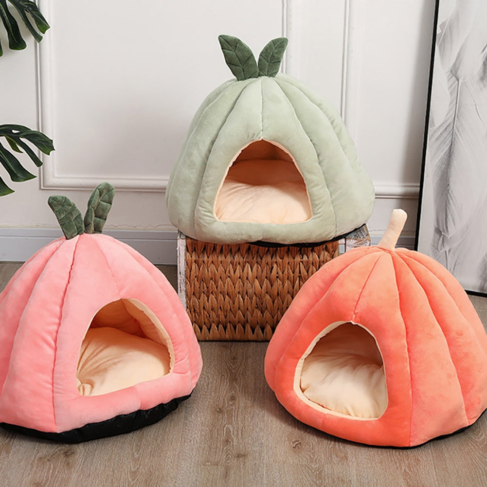 Pet Warm Sleeping Nest Melon Shape Soft Plush Cozy Cave Hideout House Pet Supplies For Indoor Cats Medium size (within 6kg) Orange