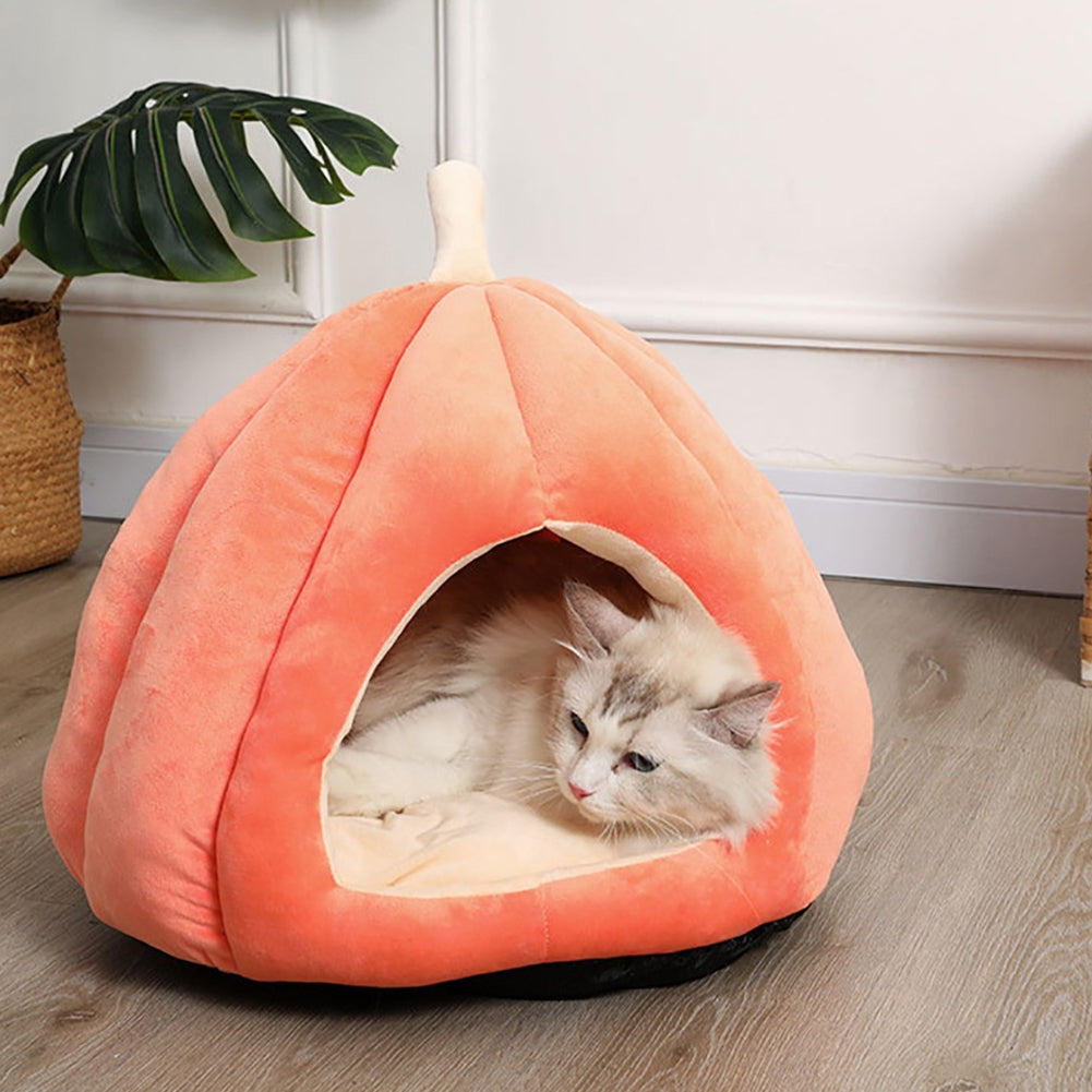 Pet Warm Sleeping Nest Melon Shape Soft Plush Cozy Cave Hideout House Pet Supplies For Indoor Cats Medium size (within 6kg) Orange