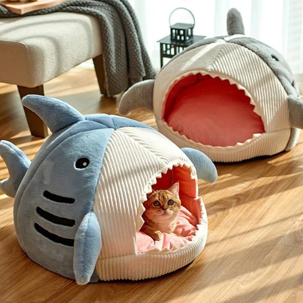 Cute Shark Pet Sleeping Bed Hideout House Warm Soft Comfortable Semi-closed Cat Dog Nest Grey Small