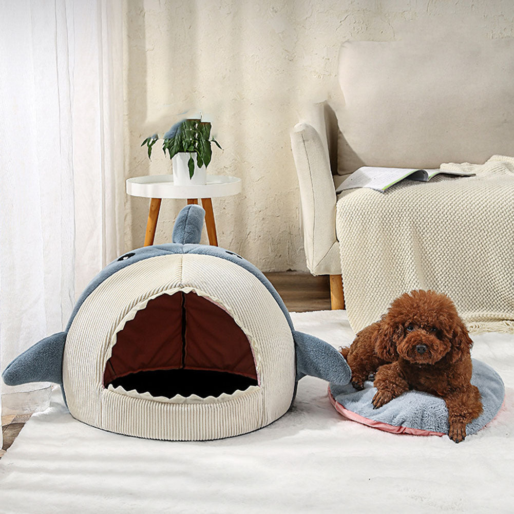 Cute Shark Pet Sleeping Bed Hideout House Warm Soft Comfortable Semi-closed Cat Dog Nest Grey Small