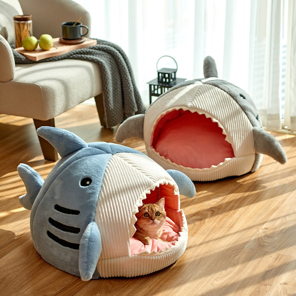 Cute Shark Pet Sleeping Bed Hideout House Warm Soft Comfortable Semi-closed Cat Dog Nest Grey Small