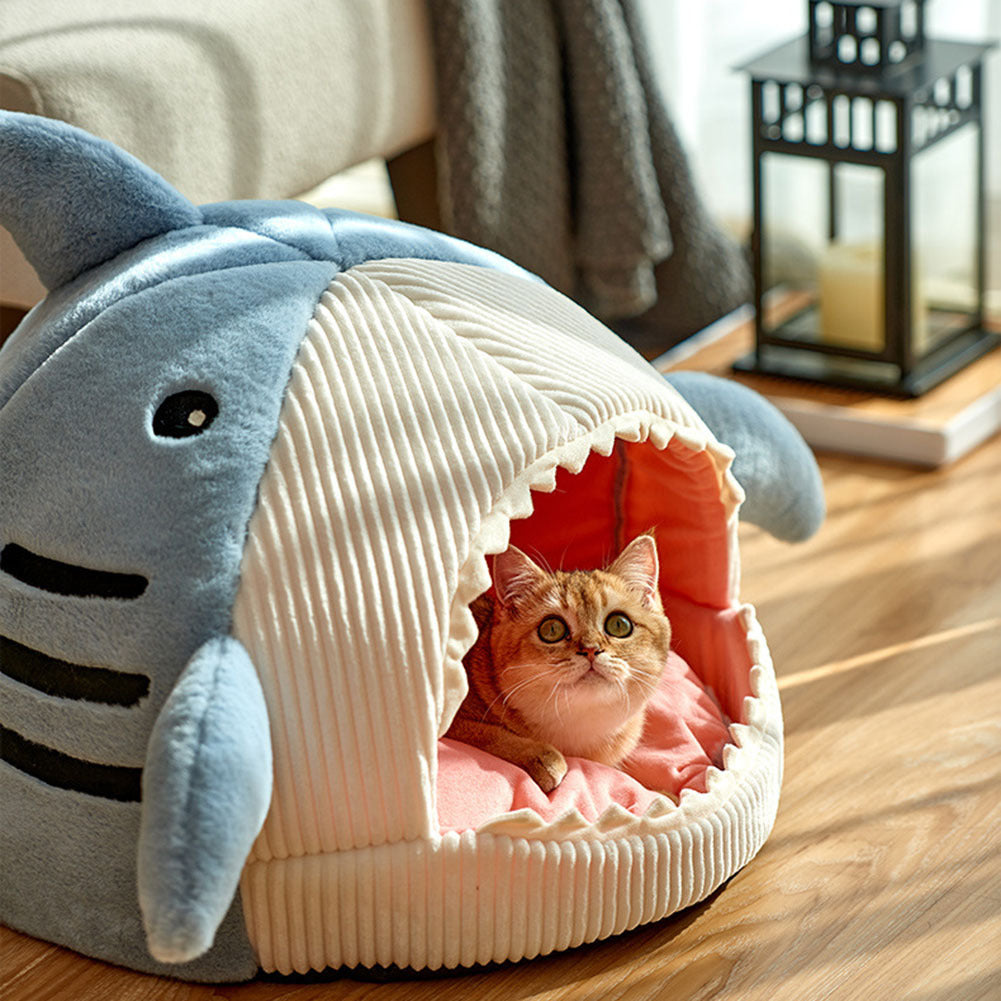 Cute Shark Pet Sleeping Bed Hideout House Warm Soft Comfortable Semi-closed Cat Dog Nest Grey Small