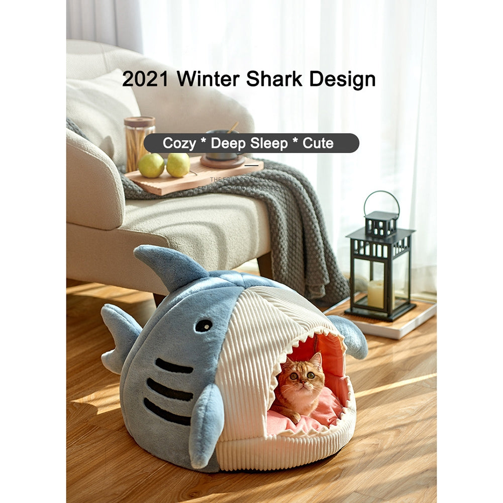 Cute Shark Pet Sleeping Bed Hideout House Warm Soft Comfortable Semi-closed Cat Dog Nest Grey Small