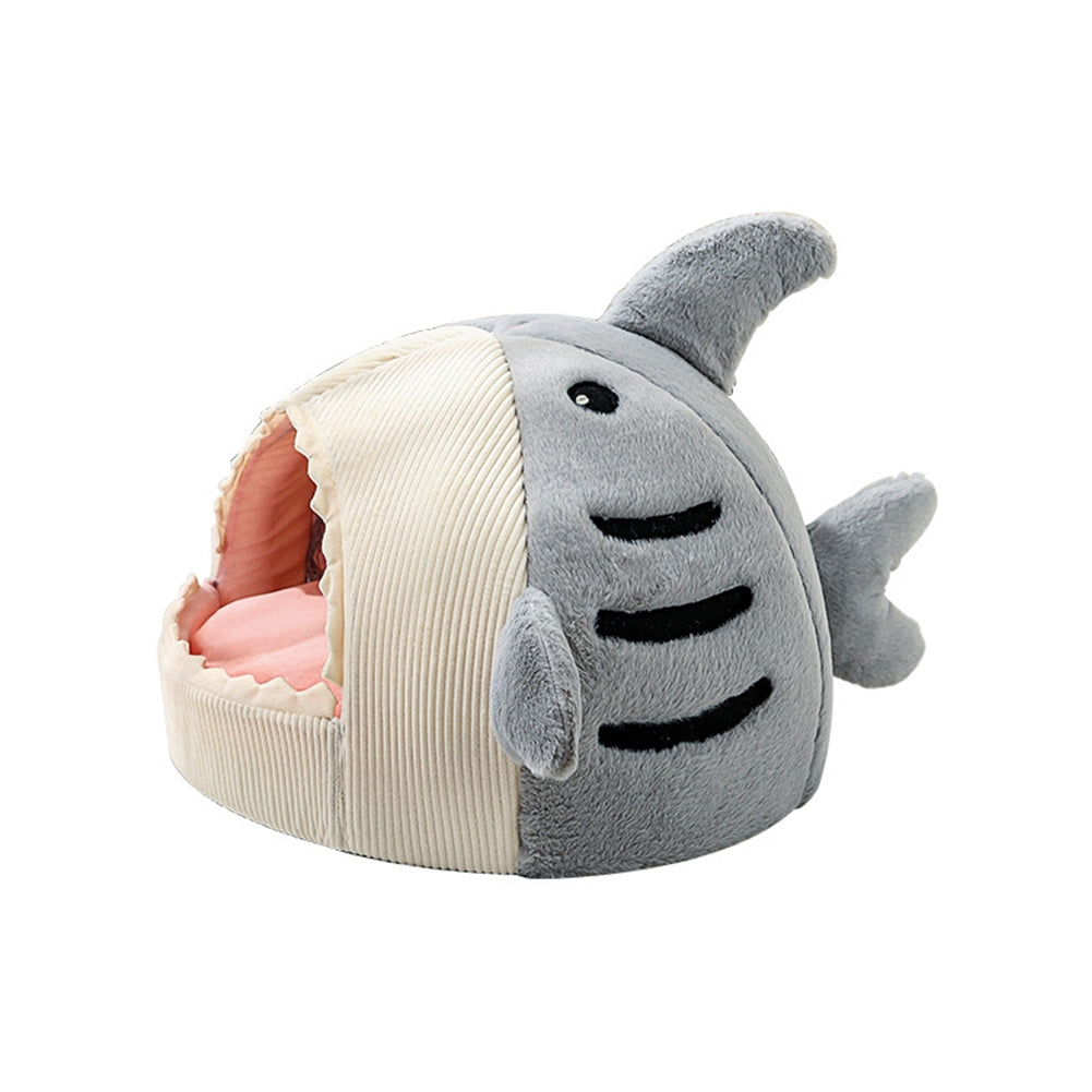 Cute Shark Pet Sleeping Bed Hideout House Warm Soft Comfortable Semi-closed Cat Dog Nest Grey Small