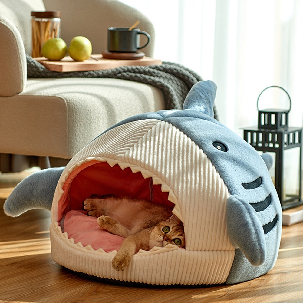 Cute Shark Pet Sleeping Bed Hideout House Warm Soft Comfortable Semi-closed Cat Dog Nest Grey Small