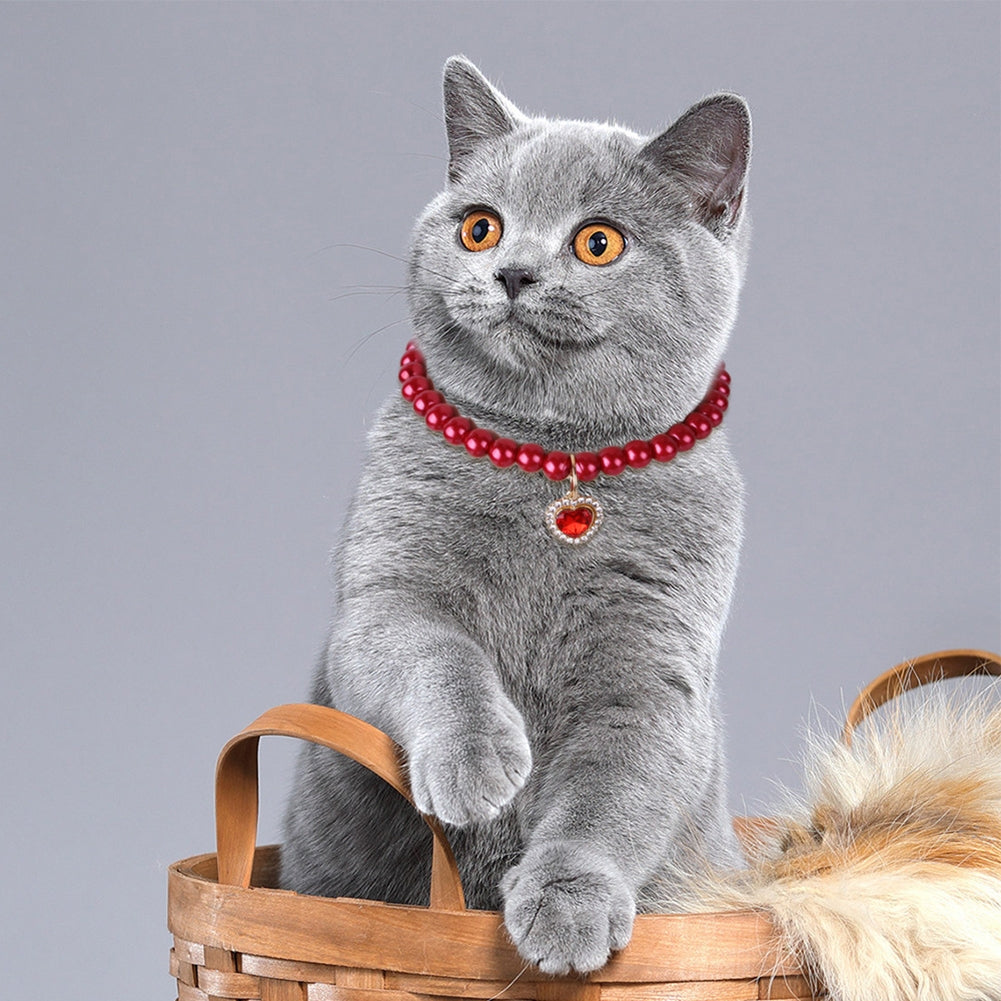 Pet Pearl Necklace With Heart-shaped Diamond Pendant Cat Jewelry With Safety Buckle For Small Medium Dogs red One size fits all