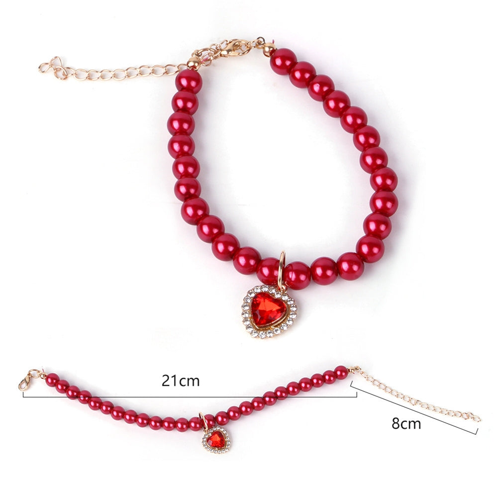 Pet Pearl Necklace With Heart-shaped Diamond Pendant Cat Jewelry With Safety Buckle For Small Medium Dogs red One size fits all