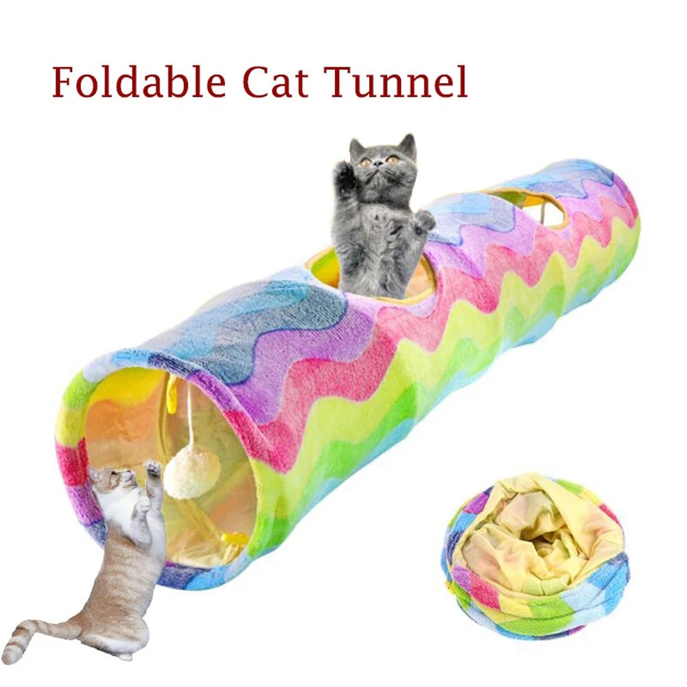 Cat Long Straight Plush Tunnel Toy With Ball Foldable Scratch-resistant Hideout Tunnel Pet Supplies (Rainbow Wave) rainbow colors About 26 x 117cm