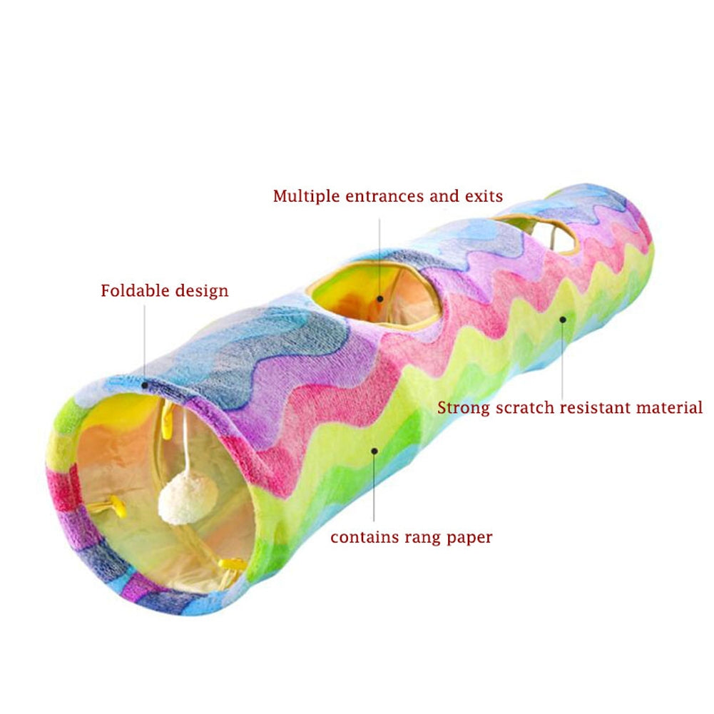 Cat Long Straight Plush Tunnel Toy With Ball Foldable Scratch-resistant Hideout Tunnel Pet Supplies (Rainbow Wave) rainbow colors About 26 x 117cm