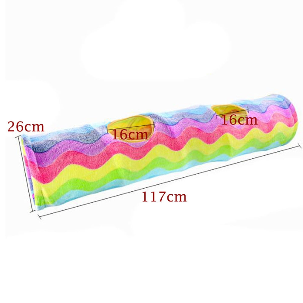 Cat Long Straight Plush Tunnel Toy With Ball Foldable Scratch-resistant Hideout Tunnel Pet Supplies (Rainbow Wave) rainbow colors About 26 x 117cm