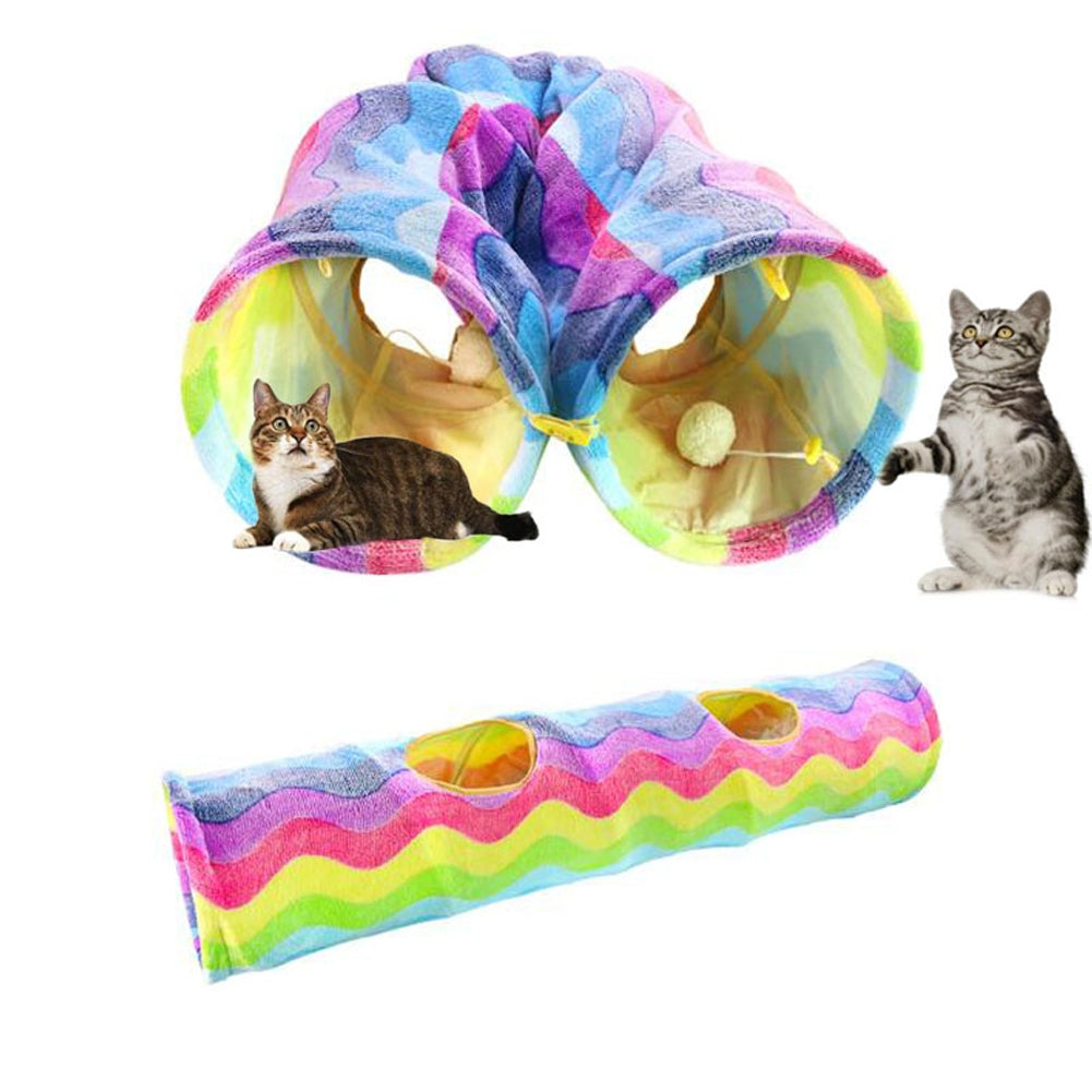 Cat Long Straight Plush Tunnel Toy With Ball Foldable Scratch-resistant Hideout Tunnel Pet Supplies (Rainbow Wave) rainbow colors About 26 x 117cm