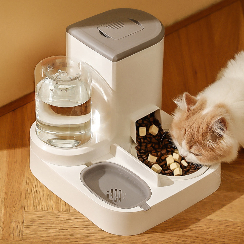 2-in-1 Pet Automatic Feeder Dog Cat Drinking Fountain Water Dispenser Food Bowl Pet Supplies Gray