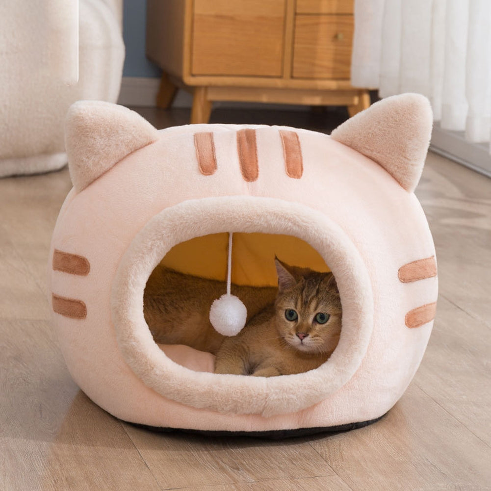 Cat Winter Warm Bed Cat Shape Soft Comfortable Wear-resistant Semi Enclosed Cat House Pet Supplies Pink L 50 x 50 x 36