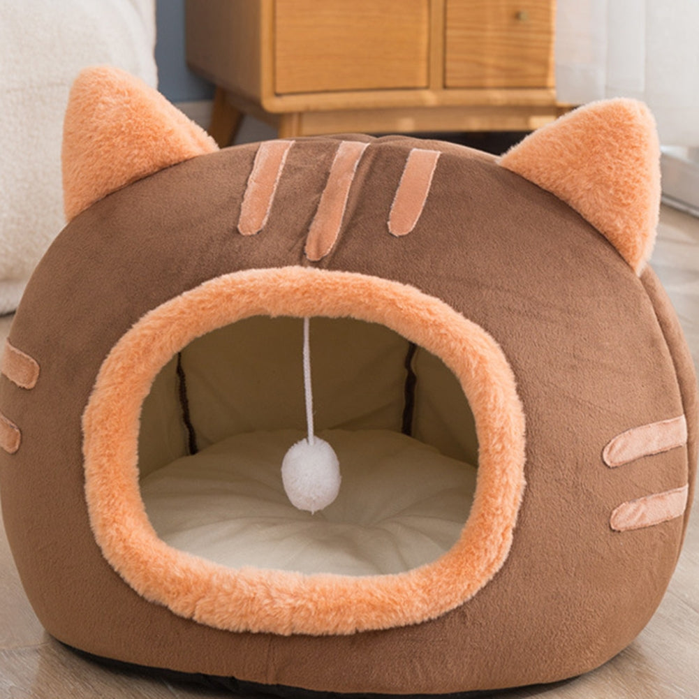 Cat Winter Warm Bed Cat Shape Soft Comfortable Wear-resistant Semi Enclosed Cat House Pet Supplies Brown L 50 x 50 x 36