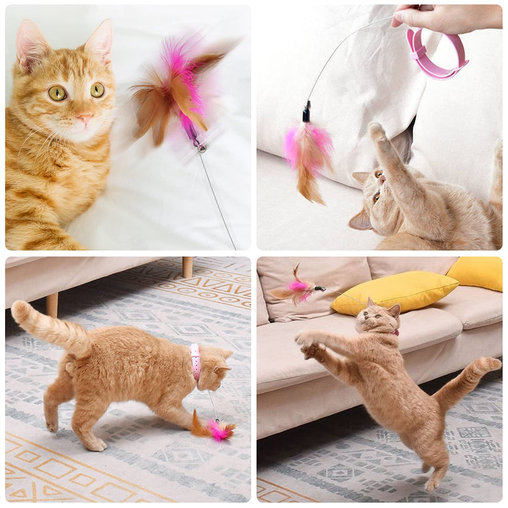 Cat Teaser Stick Pet Collar With Bells Feather Bite-resistant Feather Fishing Rod For Indoor Cats pink