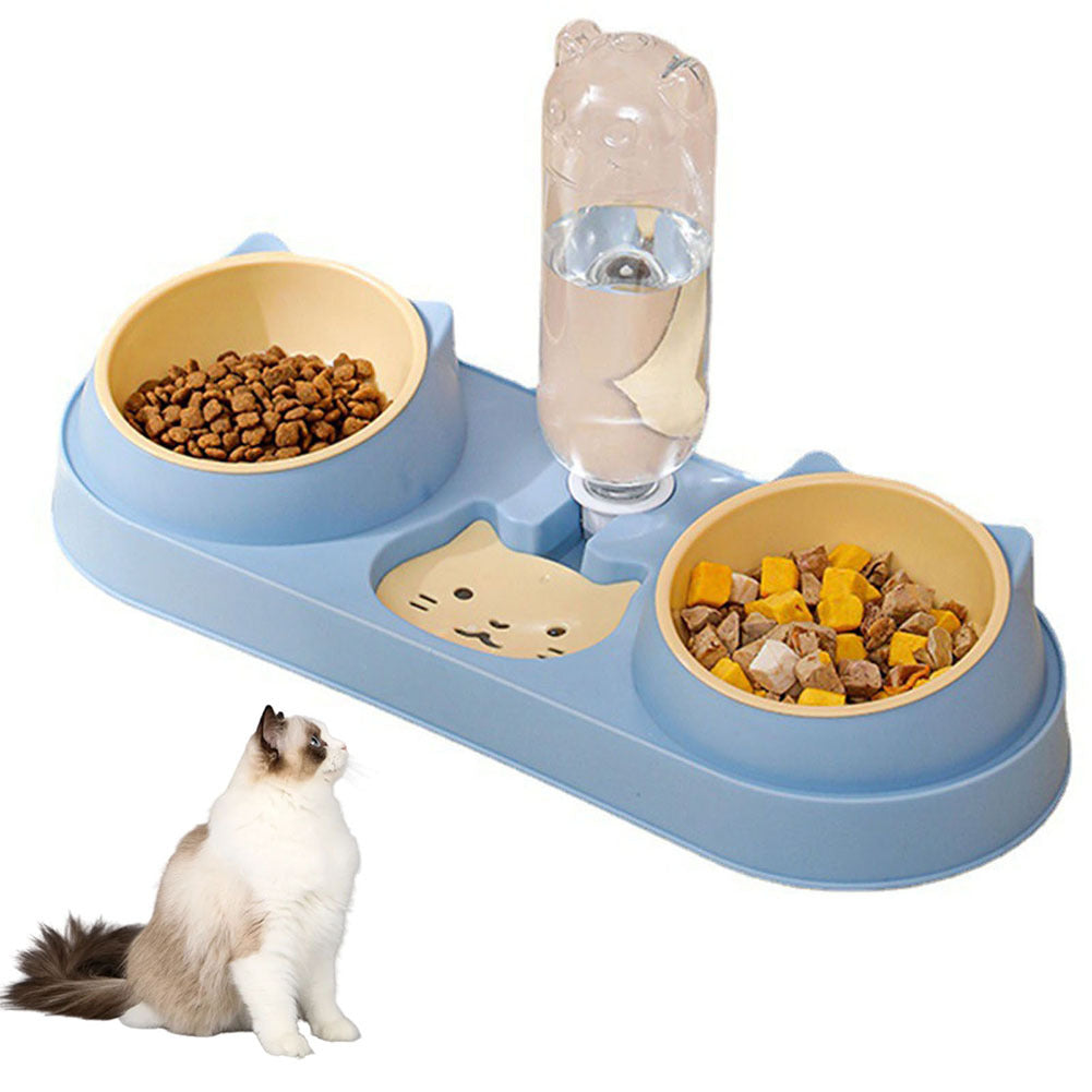 Pet Cat Double Bowls Anti-overturning Neck Protection Dog Automatic Food Bowl Water Dispenser Container Blue stainless steel