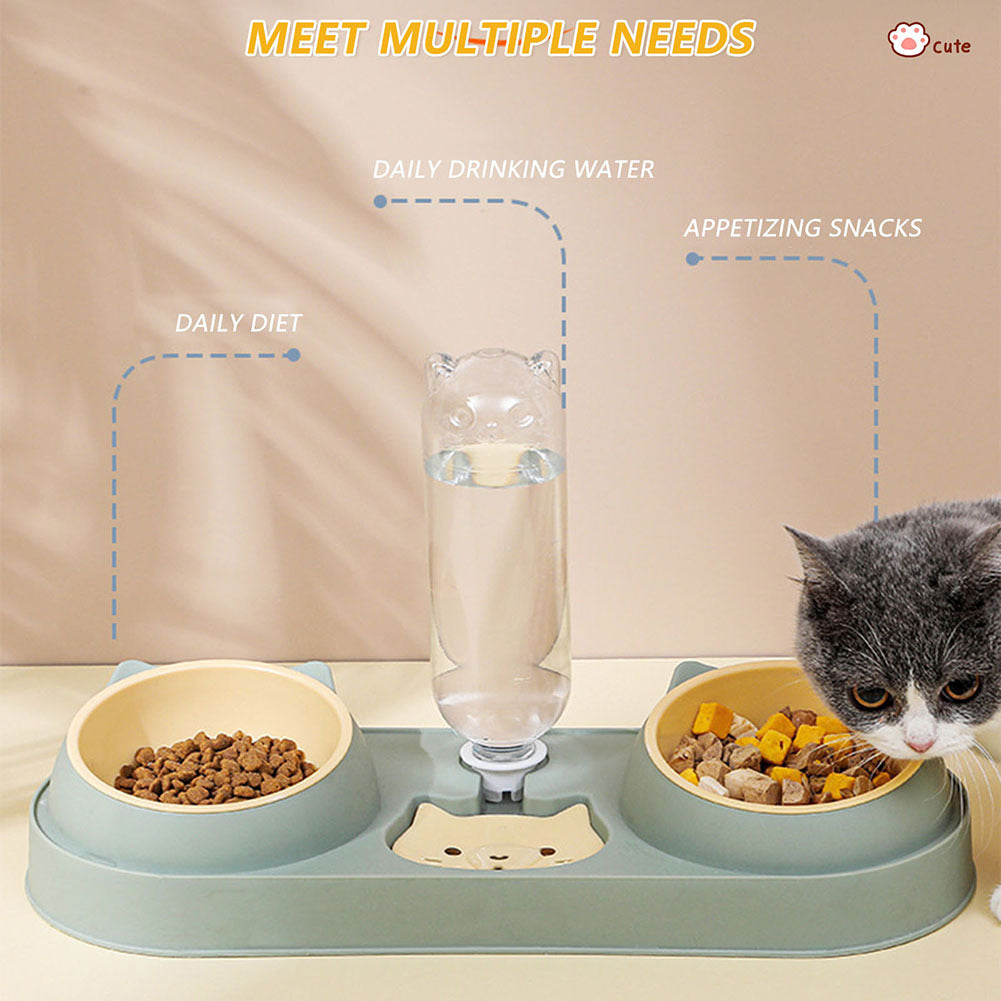 Pet Cat Double Bowls Anti-overturning Neck Protection Dog Automatic Food Bowl Water Dispenser Container Green stainless steel