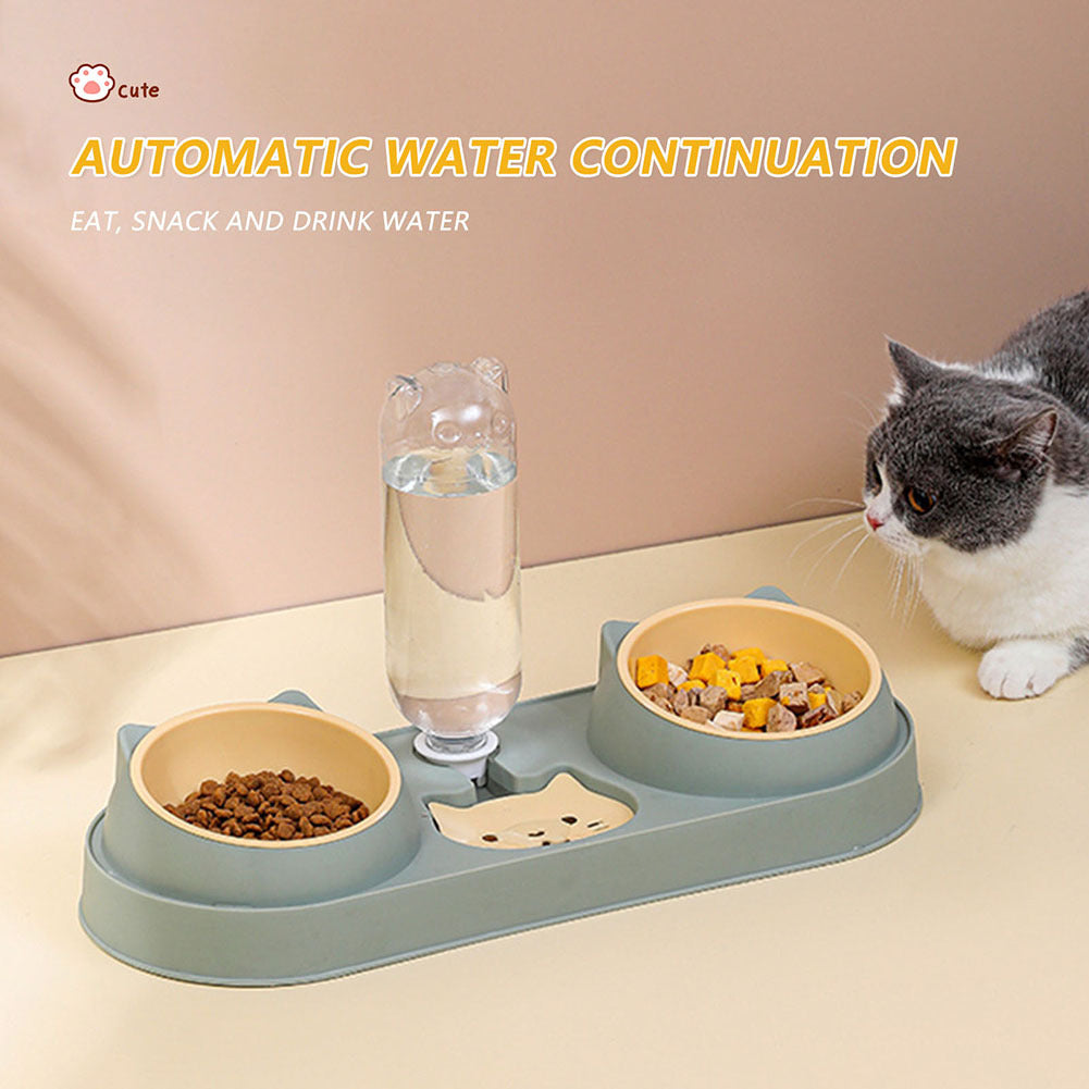 Pet Cat Double Bowls Anti-overturning Neck Protection Dog Automatic Food Bowl Water Dispenser Container Green stainless steel