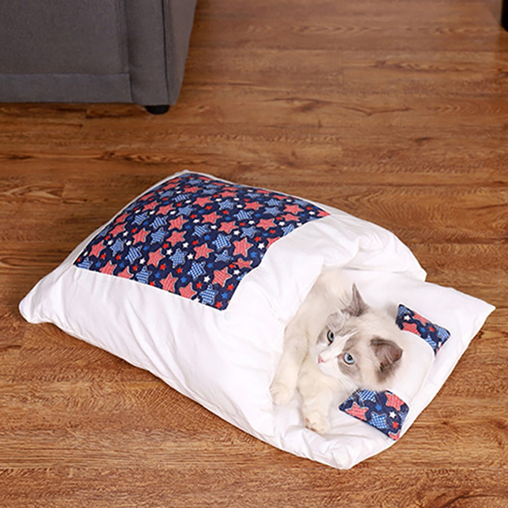 Cat Sleeping Bag Comfortable Breathable Removable Semi-closed Winter Warm Bed Cats Nest Purple Owl