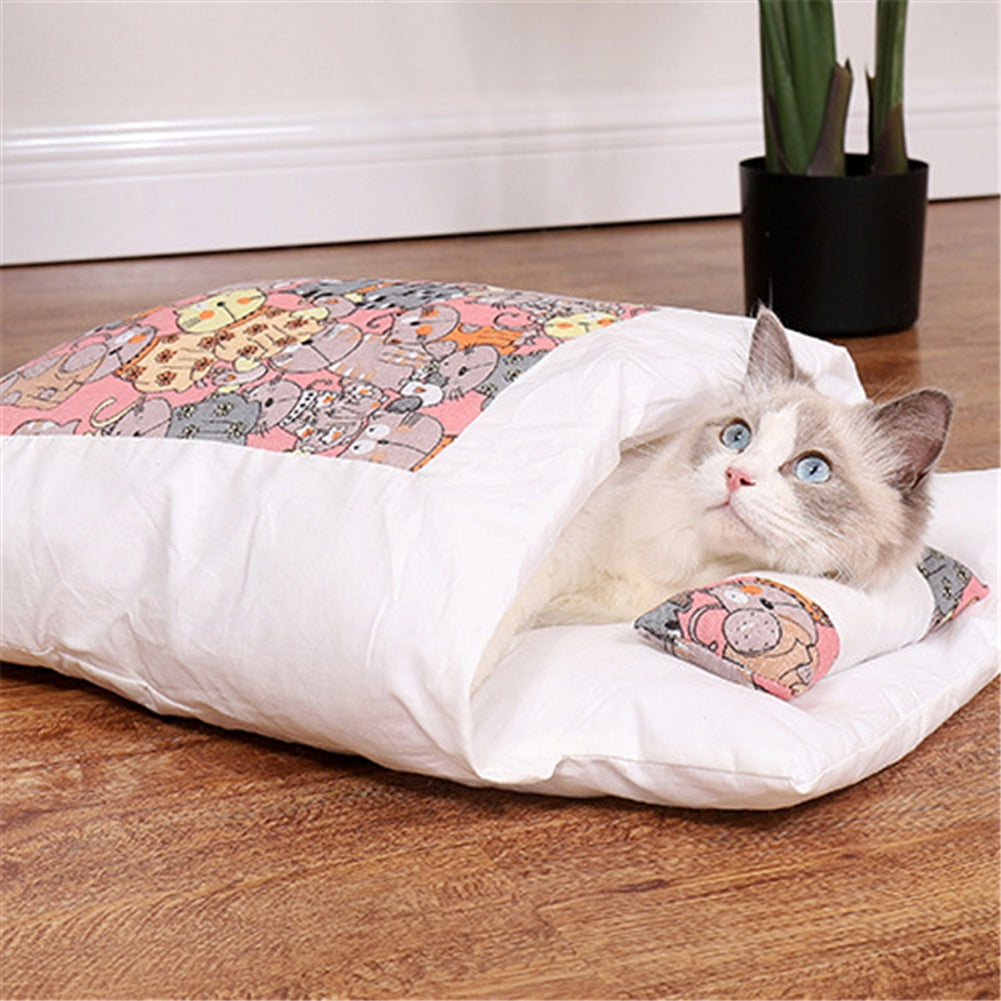 Cat Sleeping Bag Comfortable Breathable Removable Semi-closed Winter Warm Bed Cats Nest Purple Owl