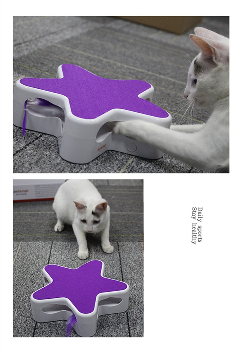 Feather 360 Degree Random Rotation Automatic Cat Toy Five Pointed Star Teaser Box for Pet purple