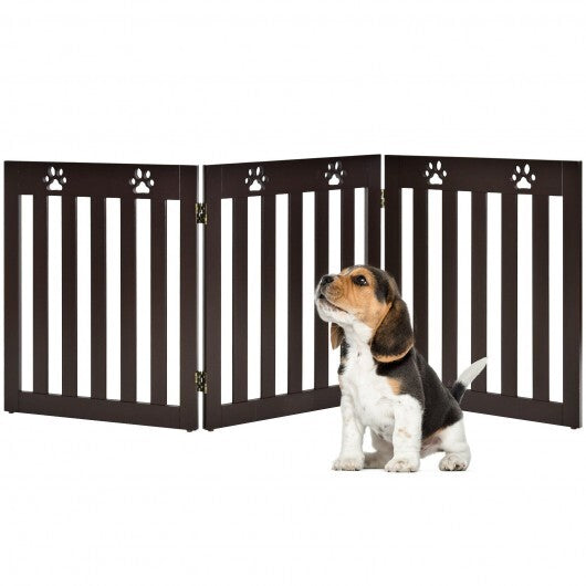 24 Inch Folding Wooden Freestanding Dog Gate with 360? Flexible Hinge for Pet-Dark Brown